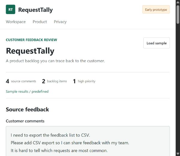 RequestTally prototype showing source comments, sample review status, backlog count and high-priority count.